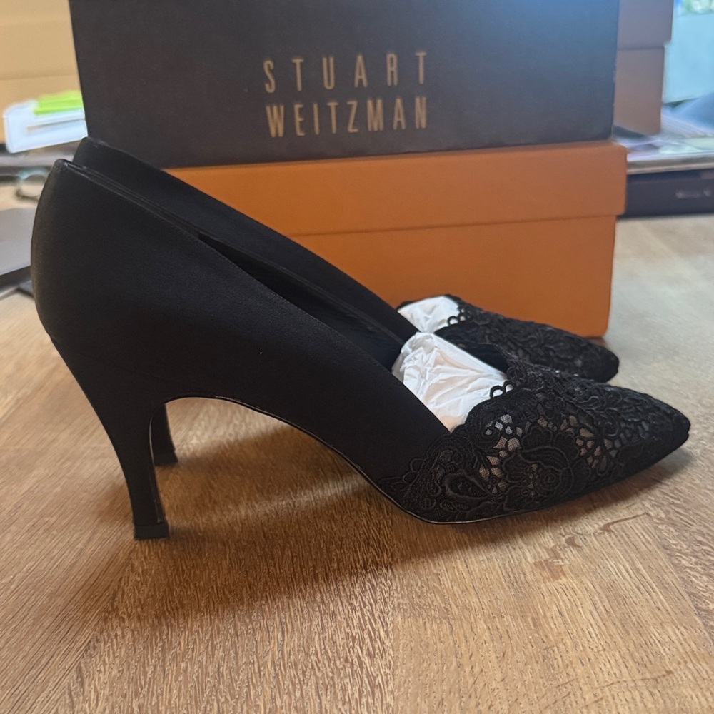 Stuart Weitzman Black Floral Lace Heels Romance